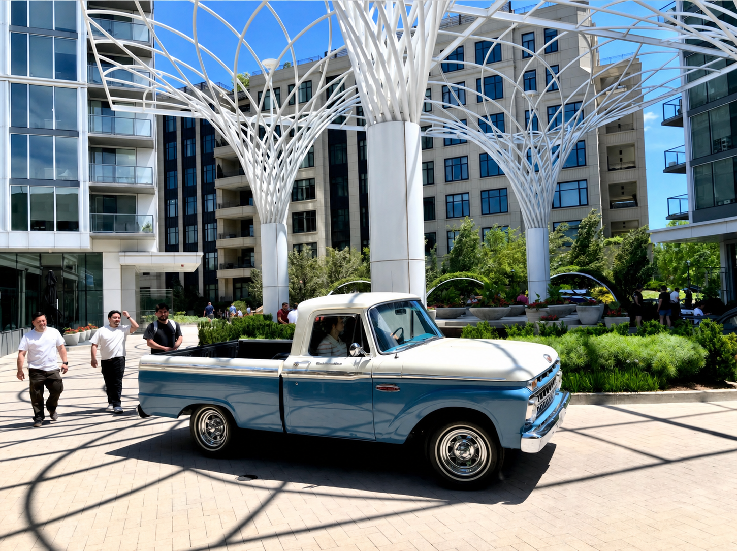 1965 Ford F-100 in cream and vintage blue, styled for a luxury event