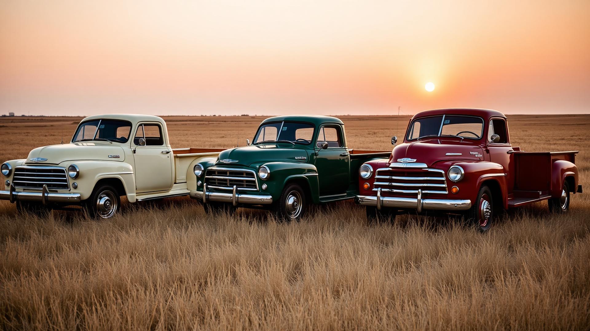Three restored vintage pickup trucks on a Midwestern prairie at sunset